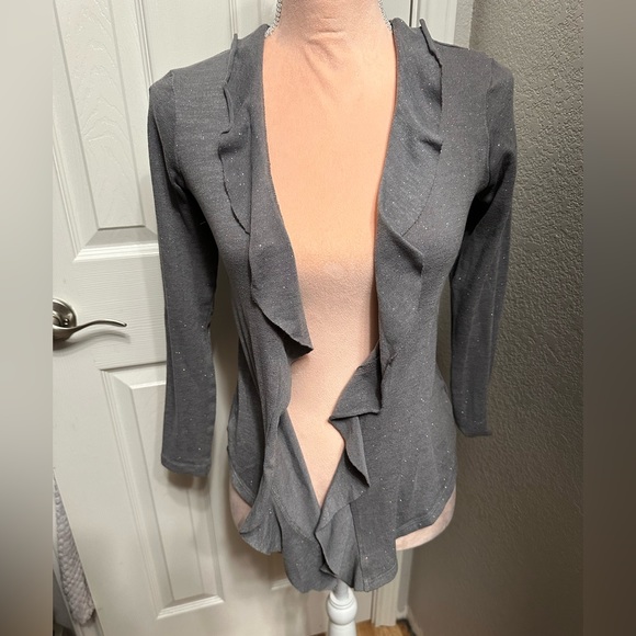 Studio Y Sweaters - Grey "Sparkle" Open Front Ruffled Cardigan